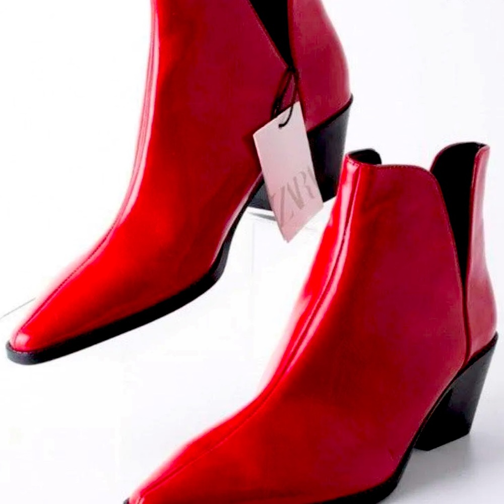 Zara Red Leather Western Style Ankle Booties Size 8